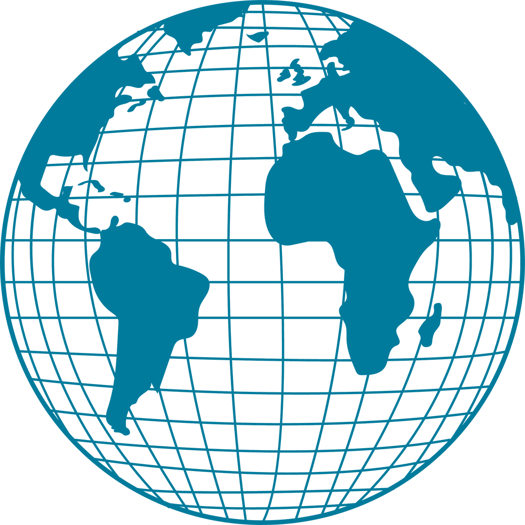 Blue Wireframe Globe with Transparent Background Showing Continents