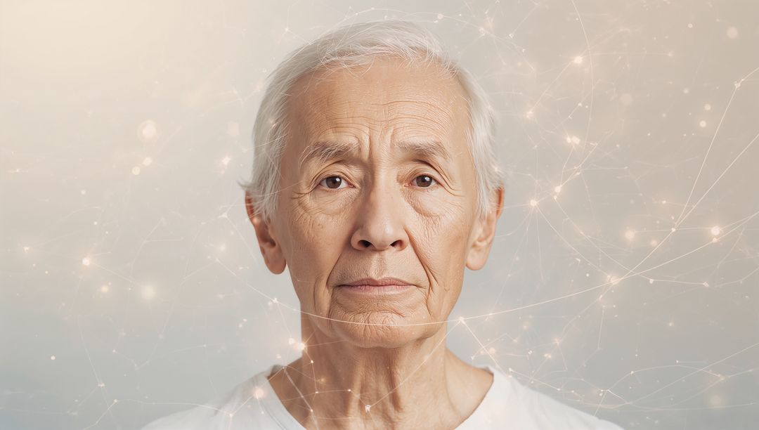 Contemplative senior Asian man facing camera with neural network overlay conveying wisdom