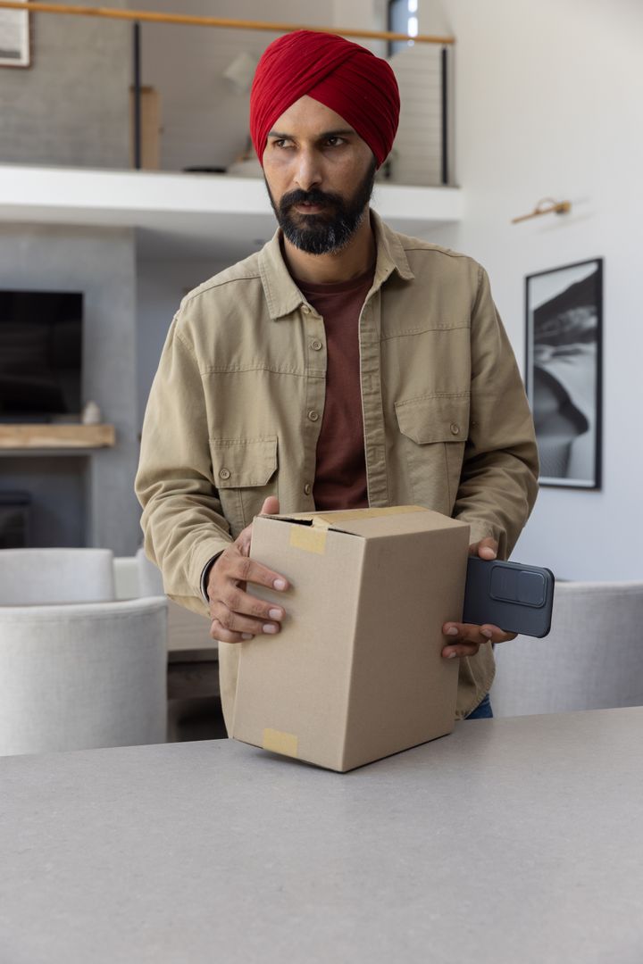 Man in Red Turban Holds Box and Uses Smartphone in Modern Kitchen