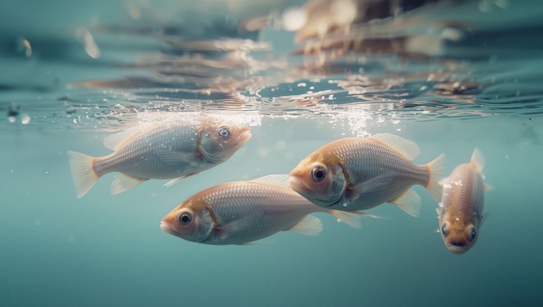 School of Fish Swims Underwater with Bubbles Reflecting Serenity