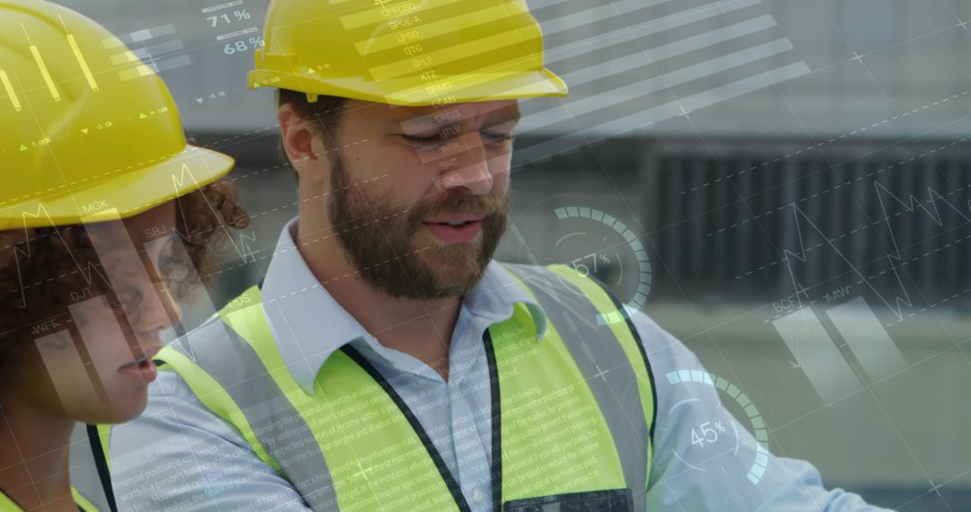 Architects Analyzing Construction Plans with Digital Statistics