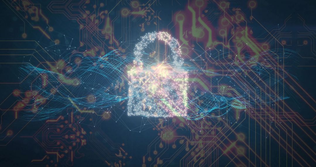 Futuristic Padlock Icon with Virtual Network Grid and Waveforms