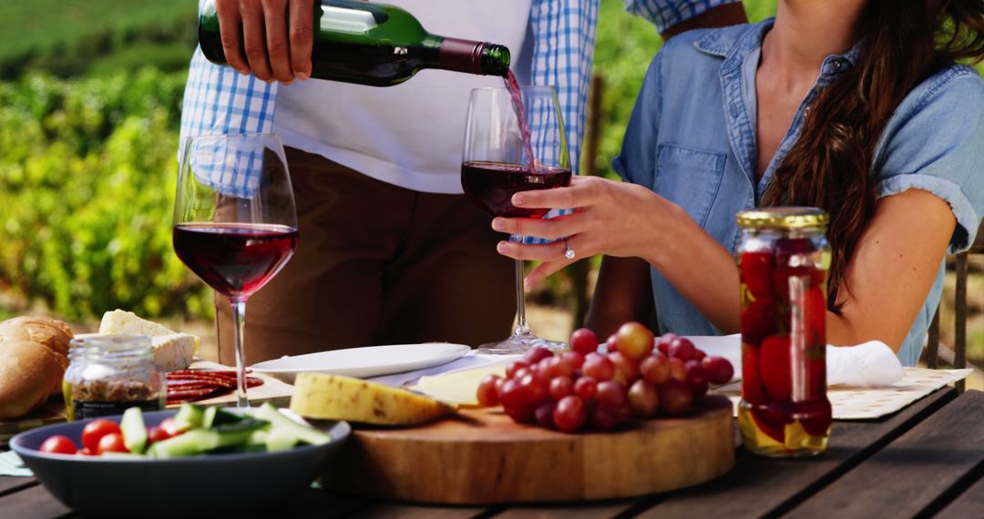 Friends Enjoying Red Wine Picnic with Snacks Outdoors