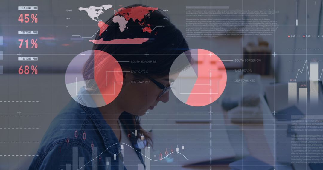 Businesswoman Analyzing Data Visualization and Global Metrics