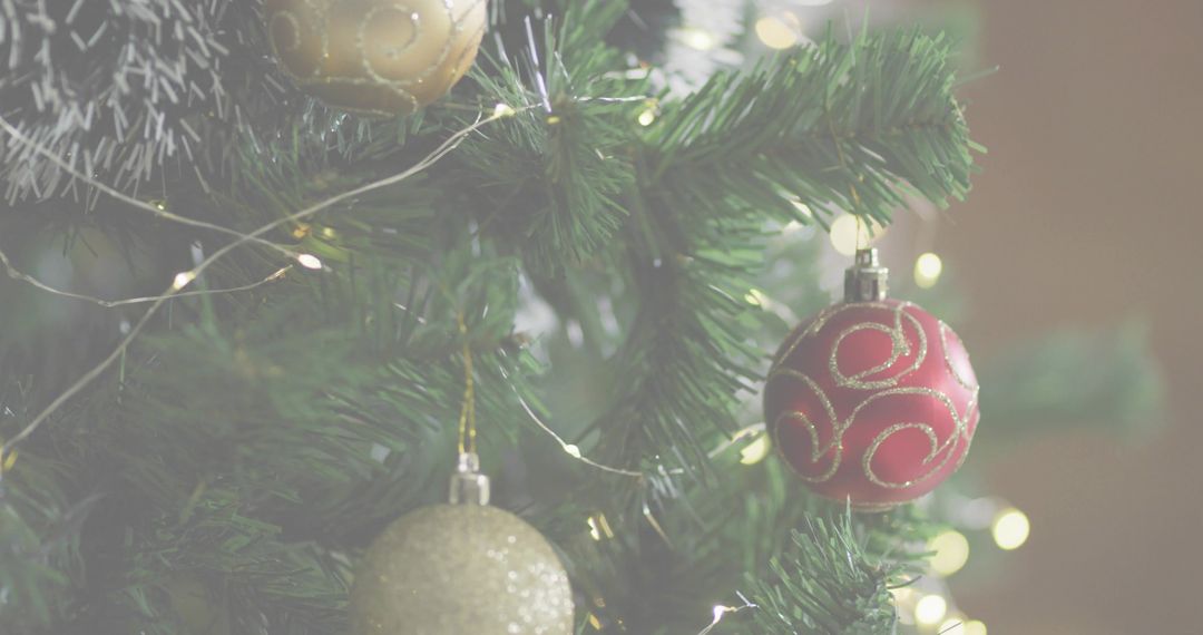 Red Christmas Bauble Hanging on Pine Branch with Warm Bokeh Lights and Gold Ornaments