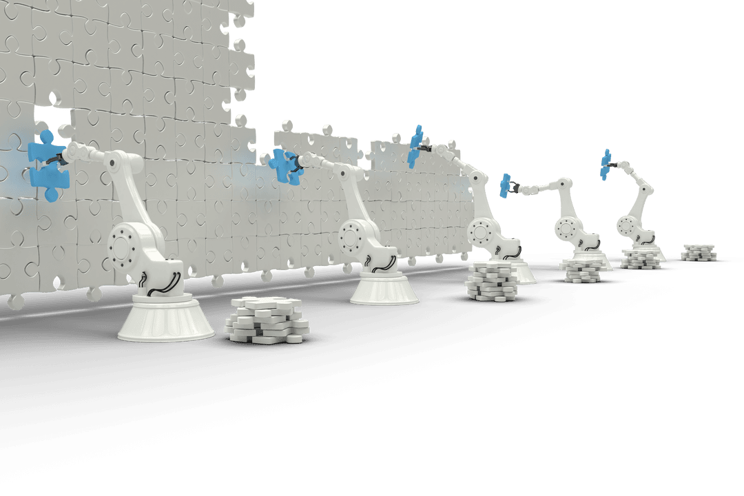 Robotic Arms Assembling Puzzles on Transparent Background