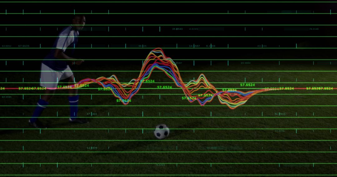 Soccer Player Sprinting at Night with Digital Data Overlay