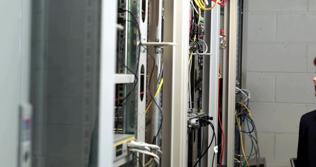 Engineer Inspecting Server Rack with Dense Network Cables in Modern Data Center Aisle