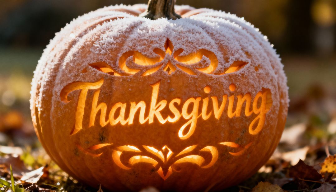 Frosted Thanksgiving Pumpkin Lantern Glowing with Candlelight Among Autumn Leaves