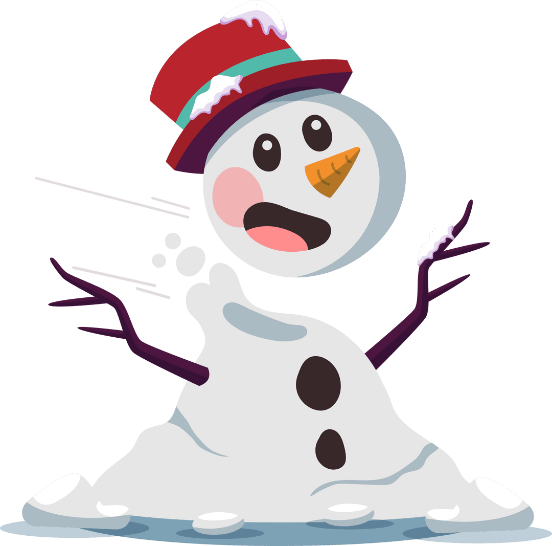 Melting Snowman with Puddle and Red Top Hat on Transparent Background