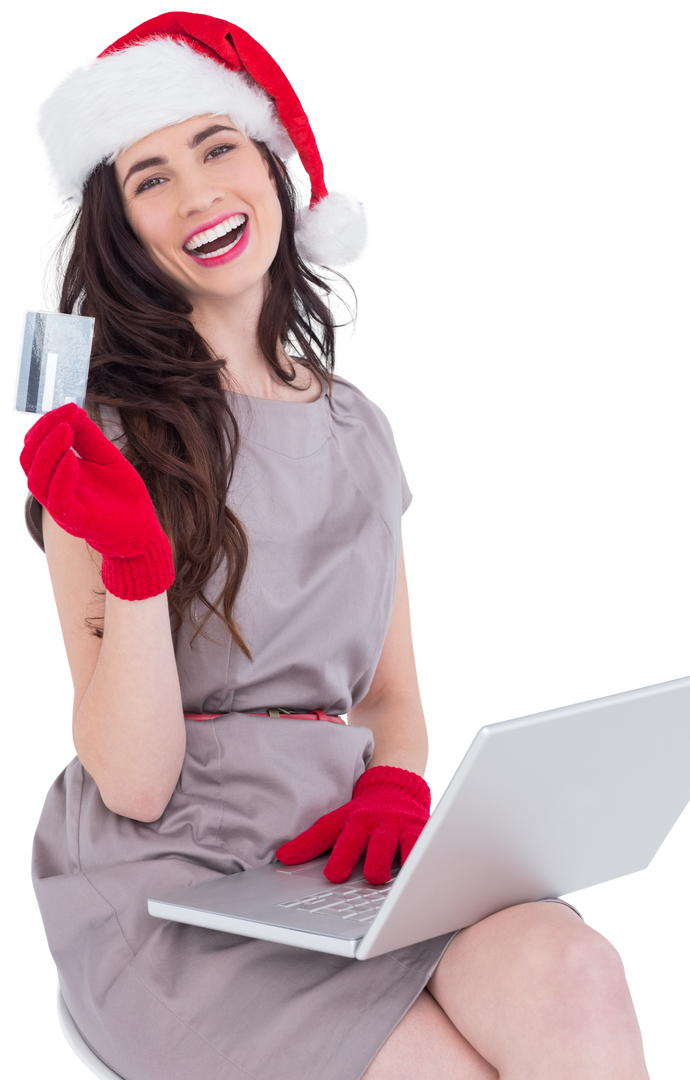 Transparent smiling woman in Santa Hat with credit card and laptop - Download Free Stock Images Pikwizard.com