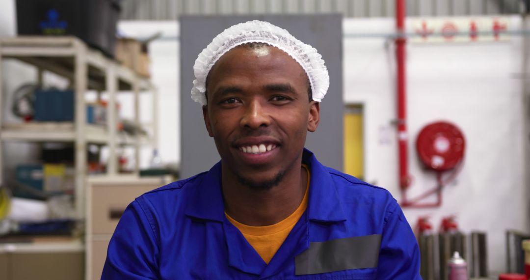 Smiling Factory Worker in Blue Uniform with Hairnet in Industrial Setting - Free Images, Stock Photos and Pictures on Pikwizard.com