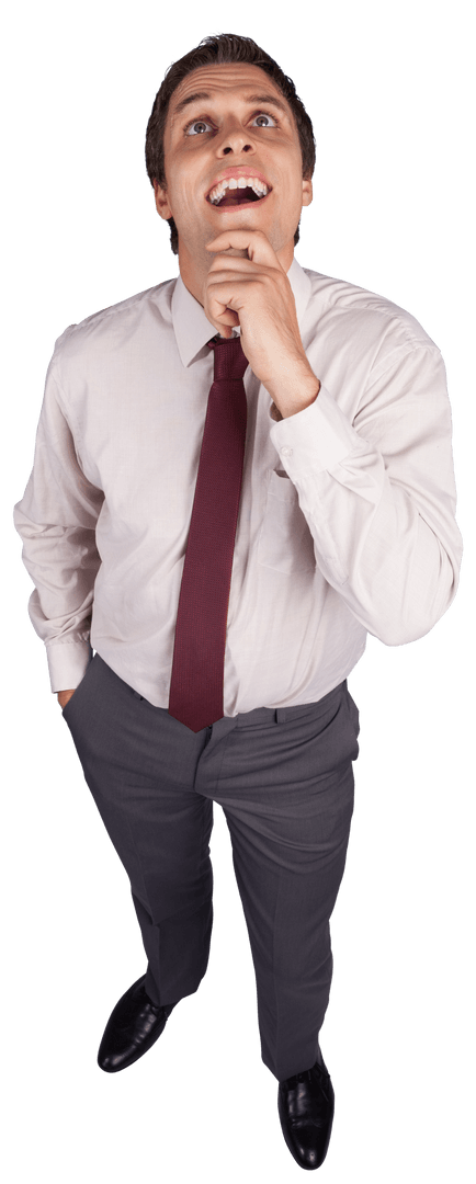 Transparent Businessman Touching Chin Upwards Thoughtful Pose
