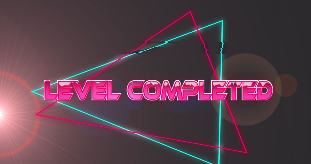Retro Level Completed Neon Text With Abstract Geometric Lines