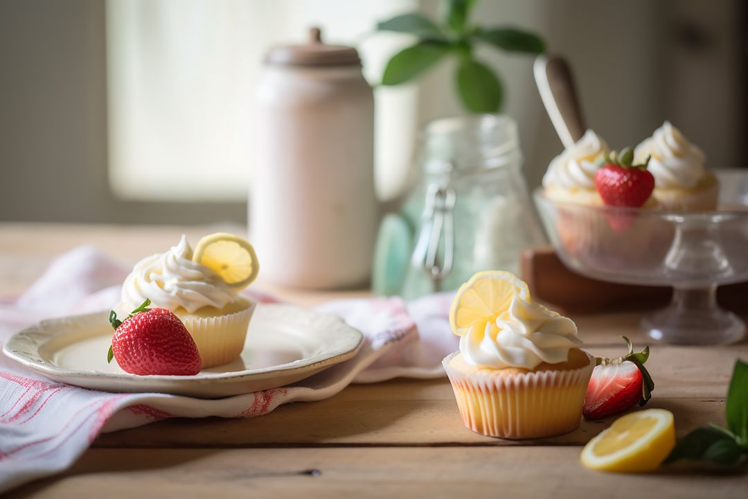 Lemon-Decorated Cupcakes with Fresh Strawberries on Rustic Table