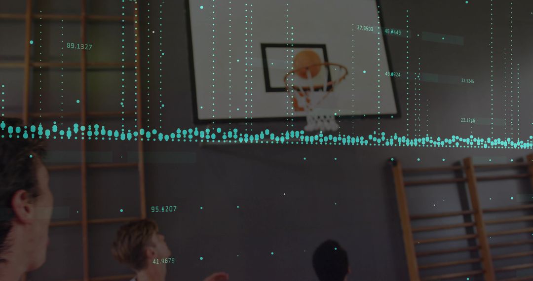 Basketball Scored with Data Overlay in Gym Showing Analytics Nuances