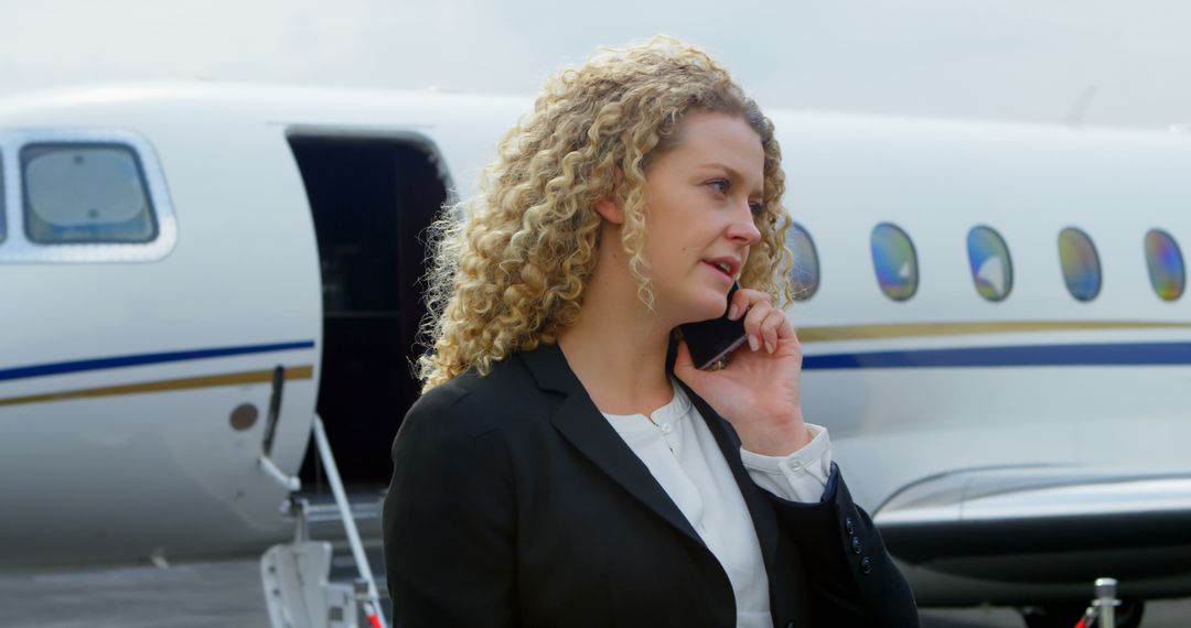 Businesswoman with Curly Hair on Call Near Private Jet - Free Images, Stock Photos and Pictures on Pikwizard.com