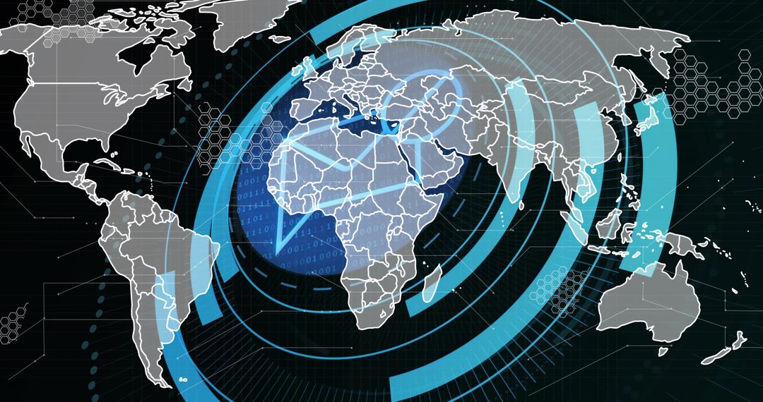 Futuristic World Map Interface with Digital Elements