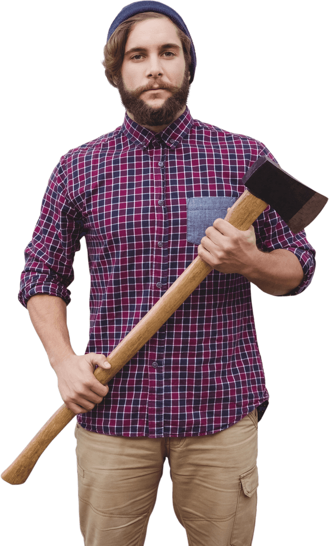 Hipster Lumberjack Holding Axe on White Background Transparent