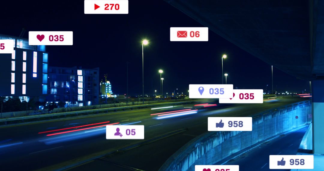 Social Media Notifications Overlay on Nighttime Highway