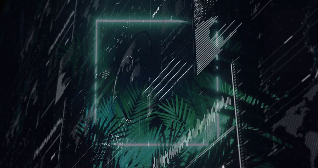 Glowing Neon Frame in Cyber Space with Graphs and Foliage