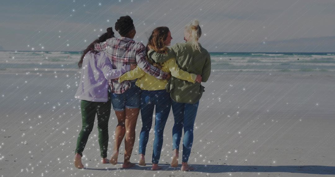 Diverse Group of Friends Embracing at Tranquil Beach