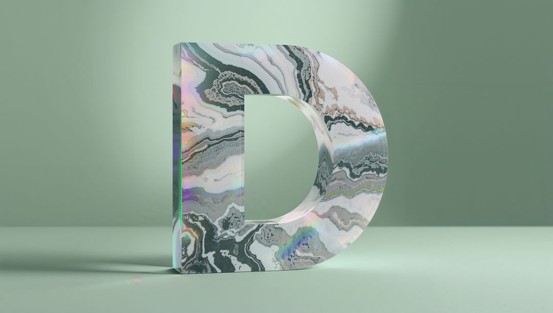 3D Letter D with Marble and Holographic Patterns in Pastel Green Space