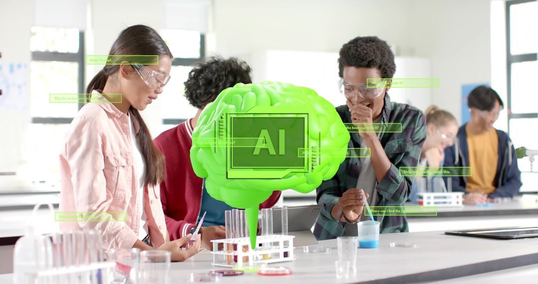 High school students collaborating on STEM chemistry experiment with holographic AI brain