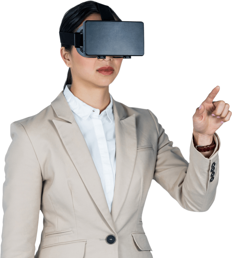 Transparent Businesswoman Engaging with Virtual Reality in Suit