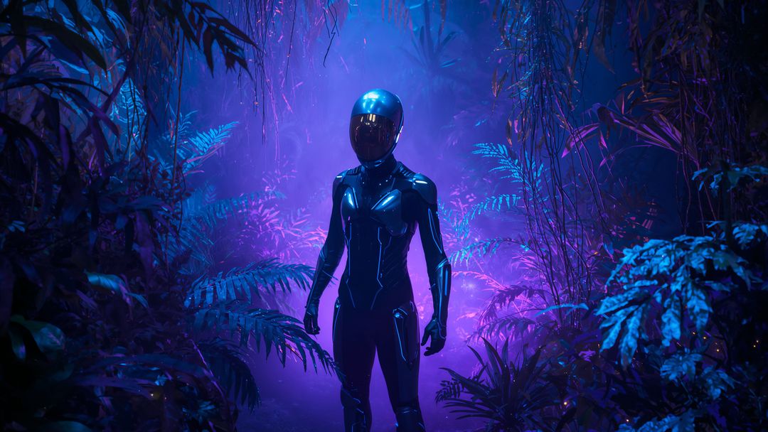 Futuristic Explorer in Neon Jungle Scifi Setting