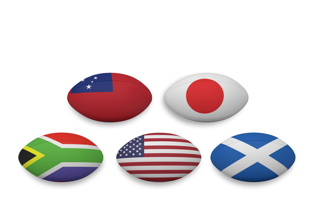 Transparent Rugby Balls Featuring Colors of Five International Flags
