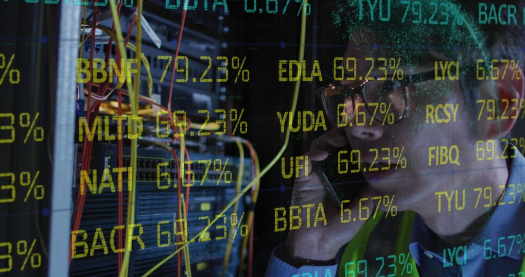IT Engineer Analyzing Data with Augmented Display in Server Room