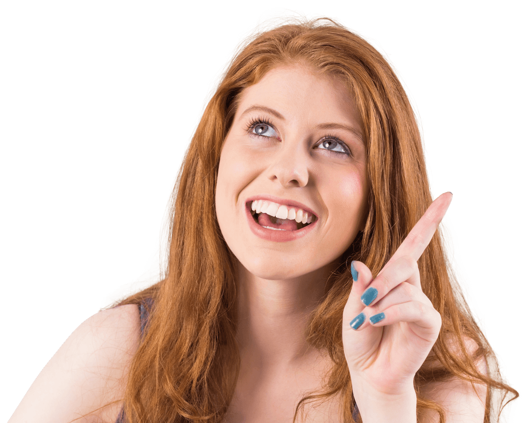 Happy Redhead Woman Pointing Up on Transparent Background