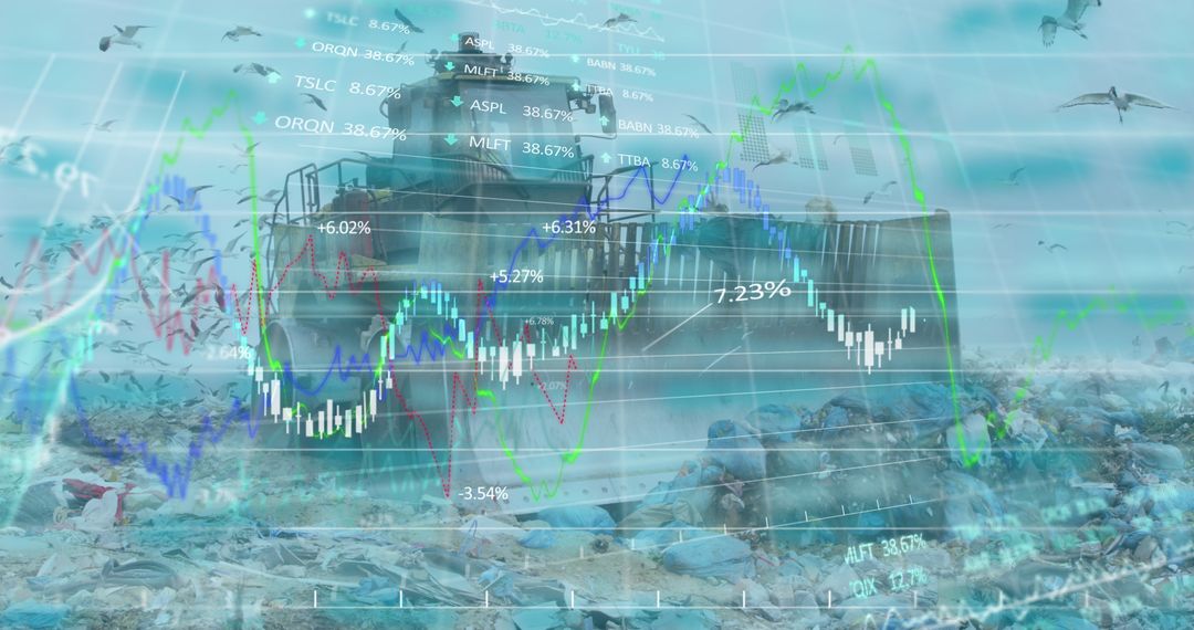 Financial Data Analysis Superimposed on Landfill with Bulldozer and Birds