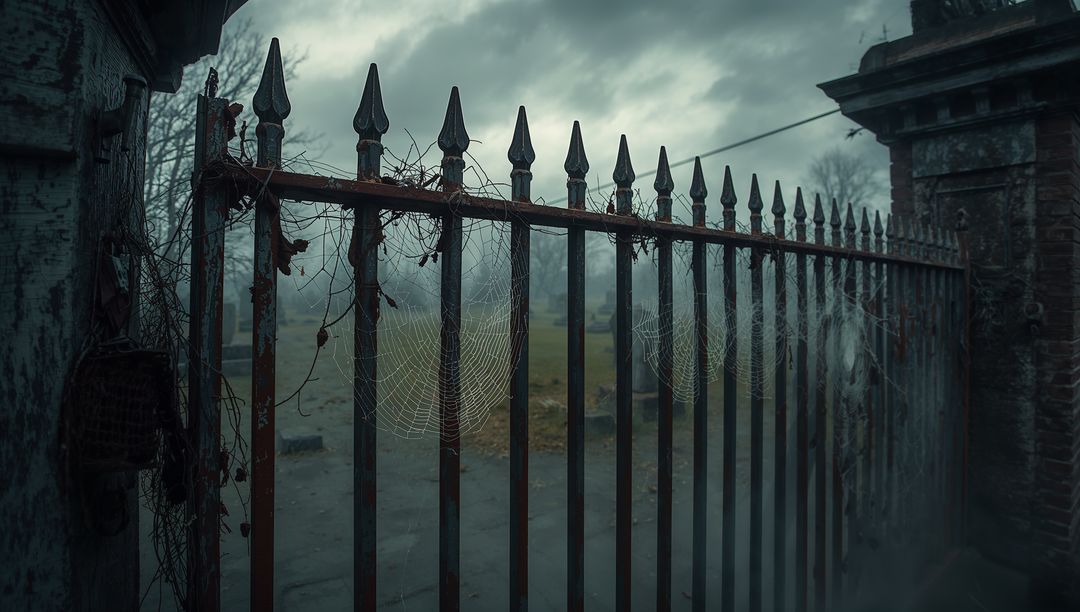 Misty Graveyard Gate with Rusted Spike Fence and Spiderwebs
