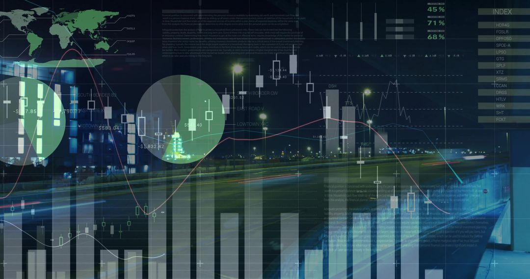 Futuristic Financial Data with Cityscape Overlay