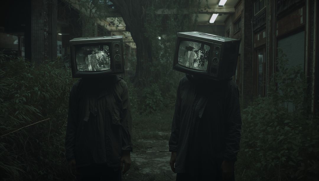 Surreal Dystopian Figures with TVs in Overgrown Urban Corridor