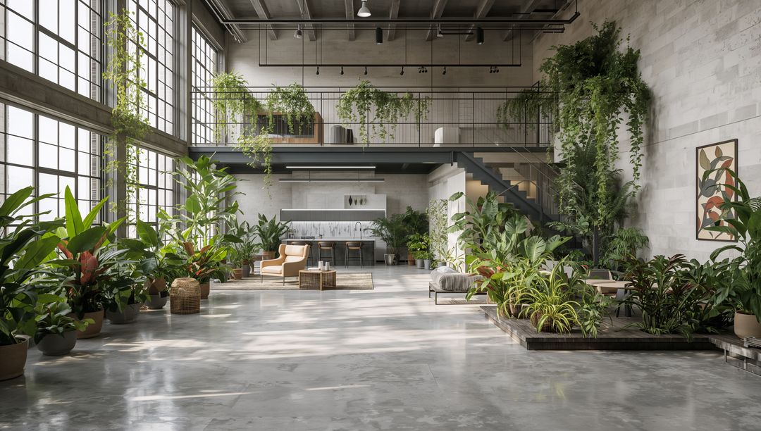 Sunlit Industrial Loft Showcasing Lush Indoor Plants, Mezzanine Living Spaces