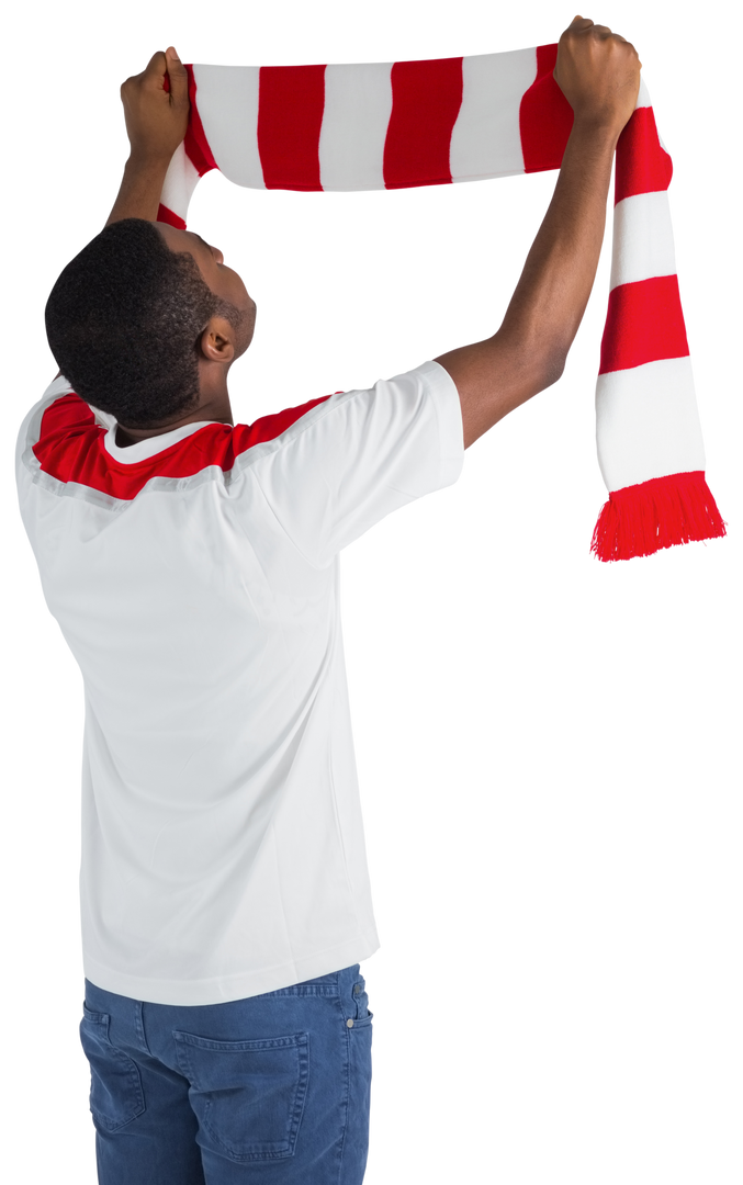 Transparent excited football fan holding red and white scarf in excitement - Download Free Stock Images Pikwizard.com