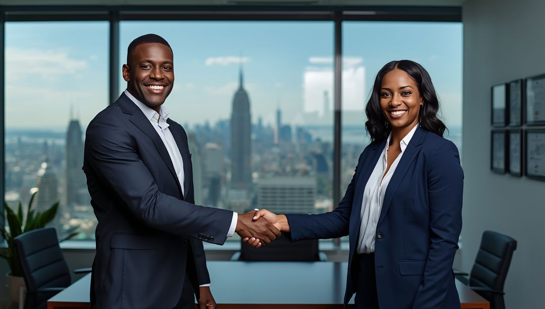 Business Partners Shaking Hands with City Skyline View