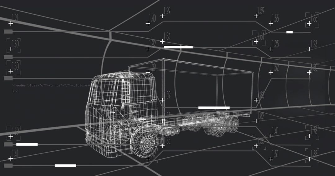 Futuristic Wireframe Cargo Truck in CAD Workspace with Grid Overlay