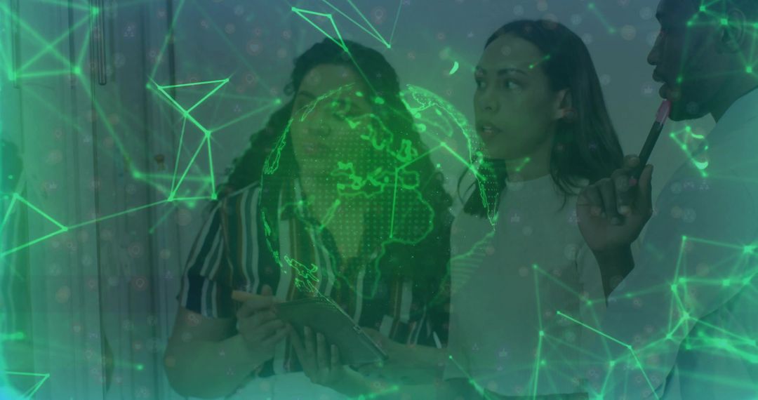 Team Analyzing Digital Network with Futuristic Globe Projection