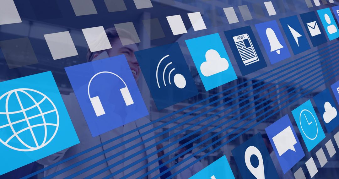 Augmented reality app interface overlaying corporate boardroom glass with blue app tiles