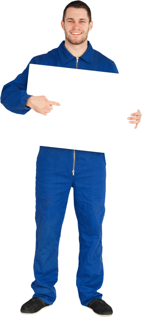 Smiling Mechanic Holding Blank Black Card Transparent Background