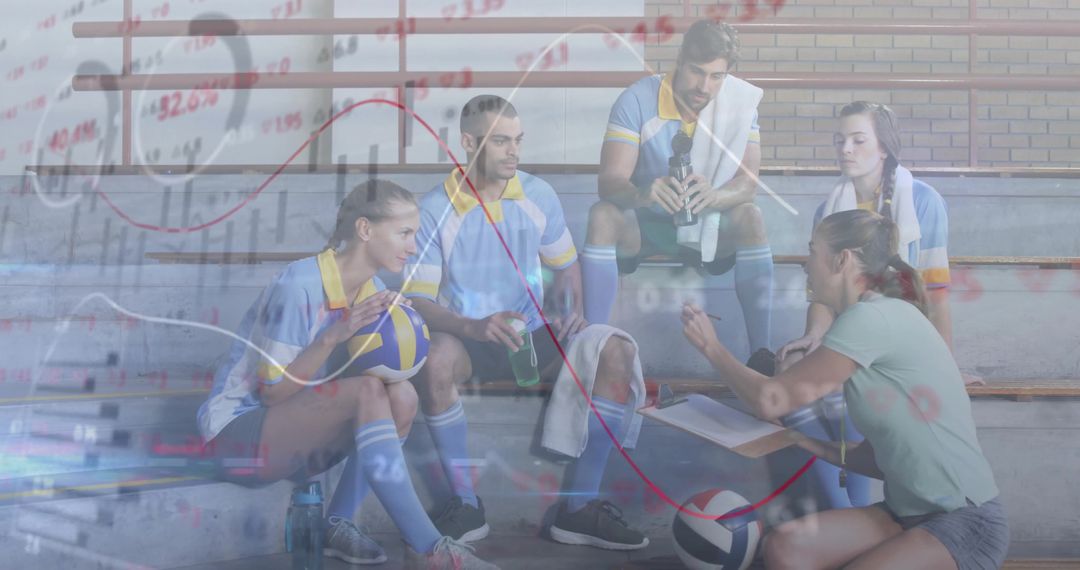 Volleyball Team Huddling on Bleachers While Coach Reviewing Strategy and Data Overlay