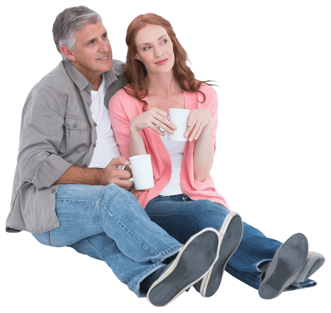 Mature Couple Relaxing with Coffee on Transparent Background