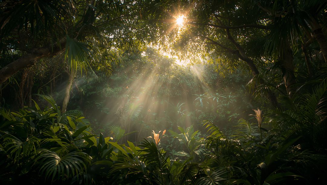 Sunbeams Through Lush Canopy in Tranquil Tropical Forest