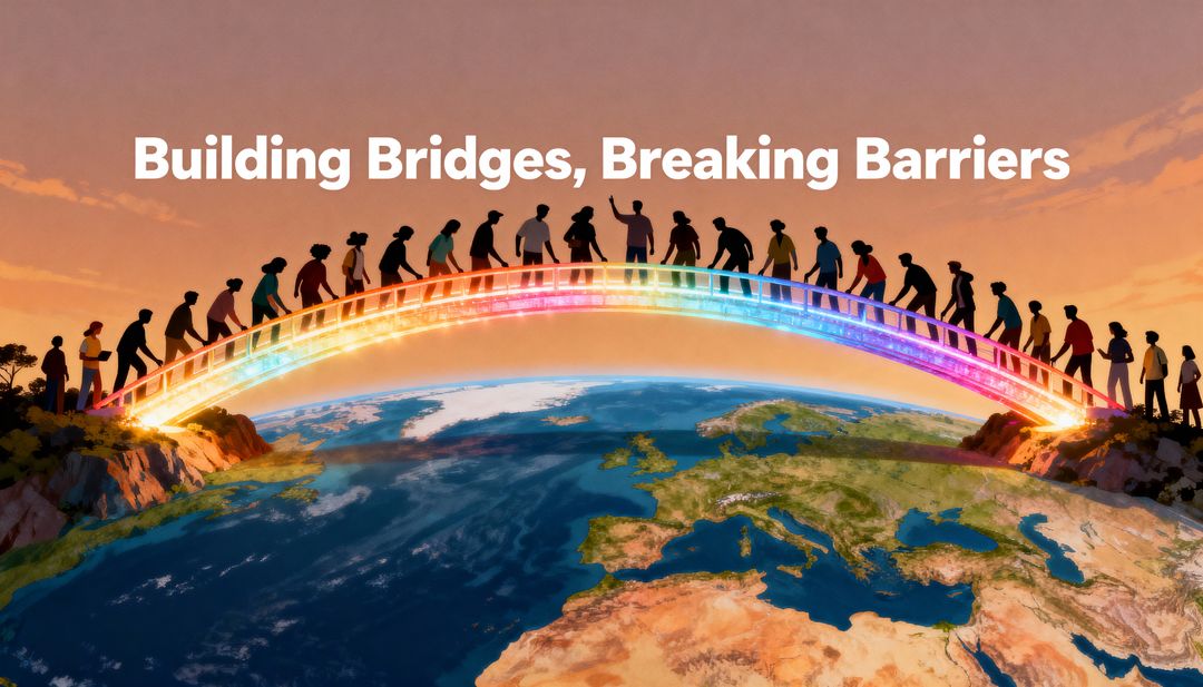 Crossing Rainbow Bridge Over Globe, Building Bridges Breaking Barriers at Sunset