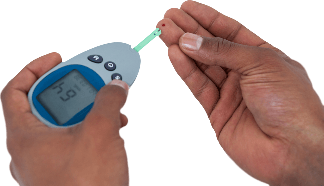 Transparent Close Up of Hands Testing Blood Sugar with Glucometer