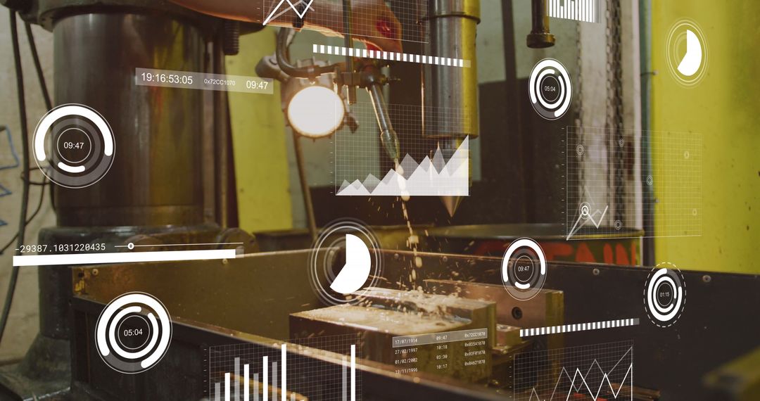 Mechanic Operates Machinery with Futuristic Digital Stats